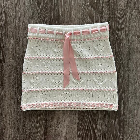 NWOT Bernadette Nina Heart Pointelle Knit Mini Skirt White Pink Ribbon Trim Lace - Picture 14 of 15